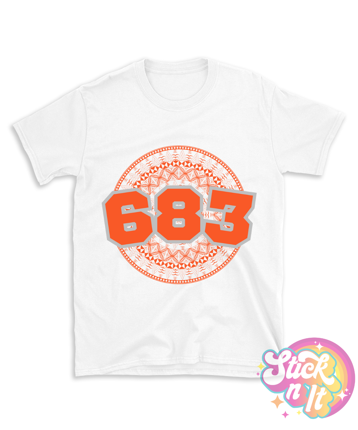 White shirt featuring a Polynesian Niue design with area code 683 in orange.