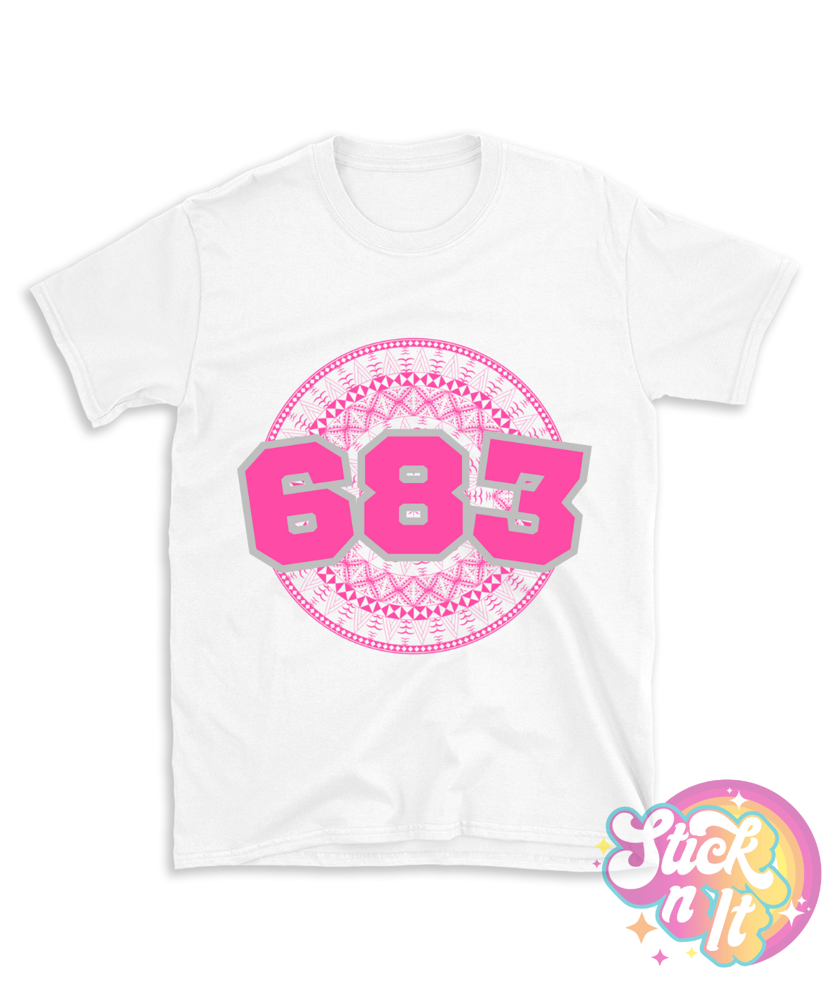 White shirt featuring a Polynesian Niue design with area code 683 in pink.