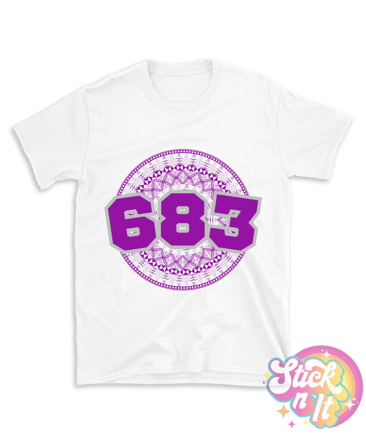 White shirt featuring a Polynesian Niue design with area code 683 in purple.
