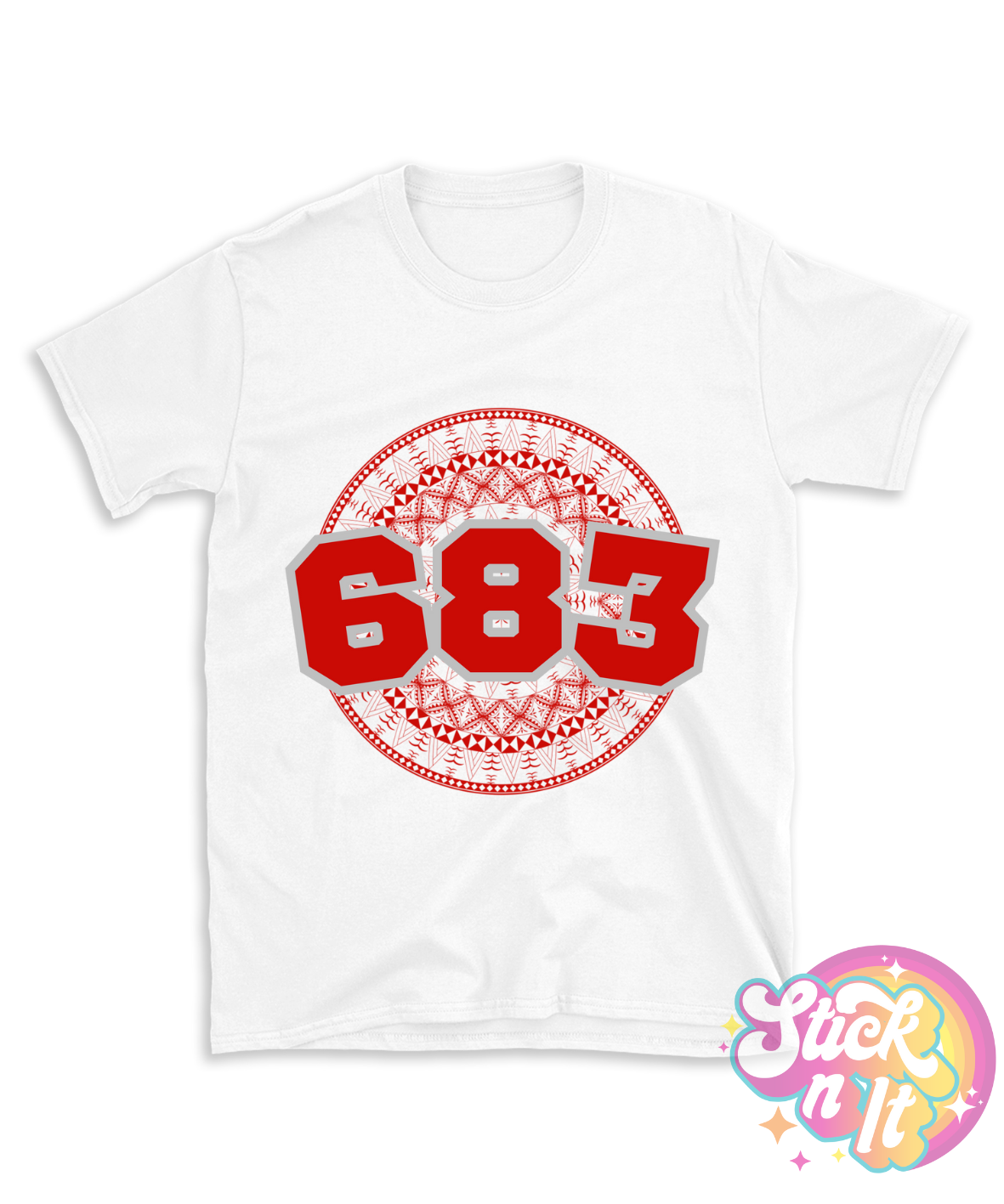 White shirt featuring a Polynesian Niue design with area code 683 in red.