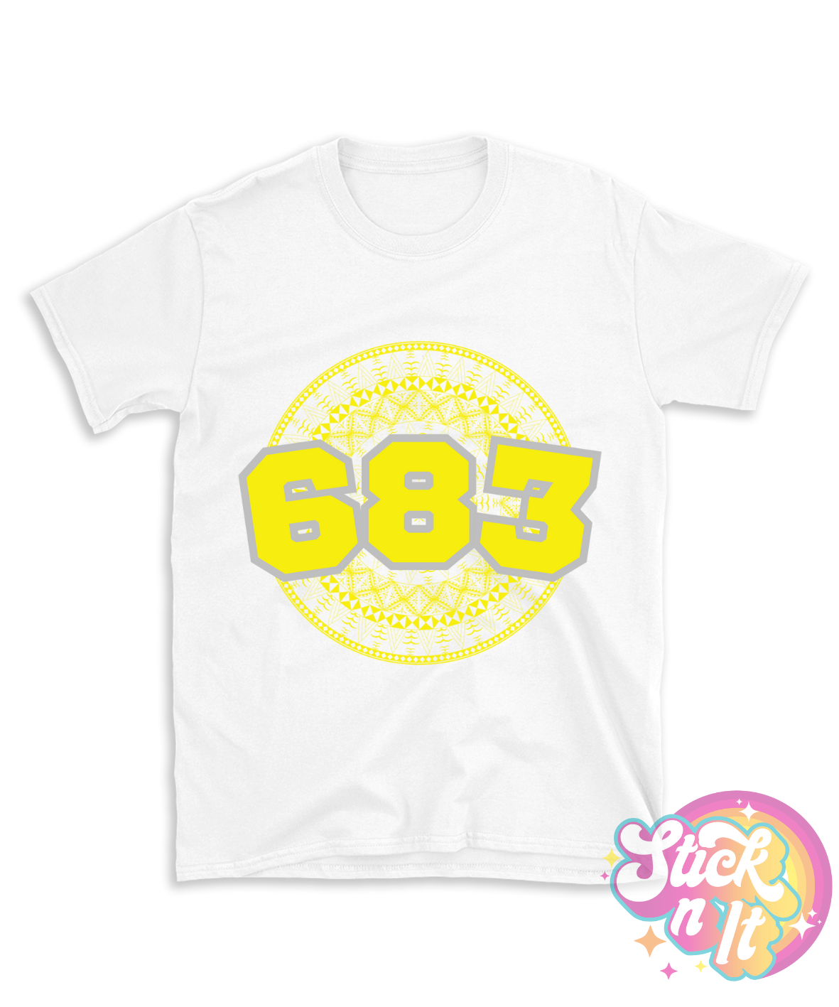 White shirt featuring a Polynesian Niue design with area code 683 in yellow.