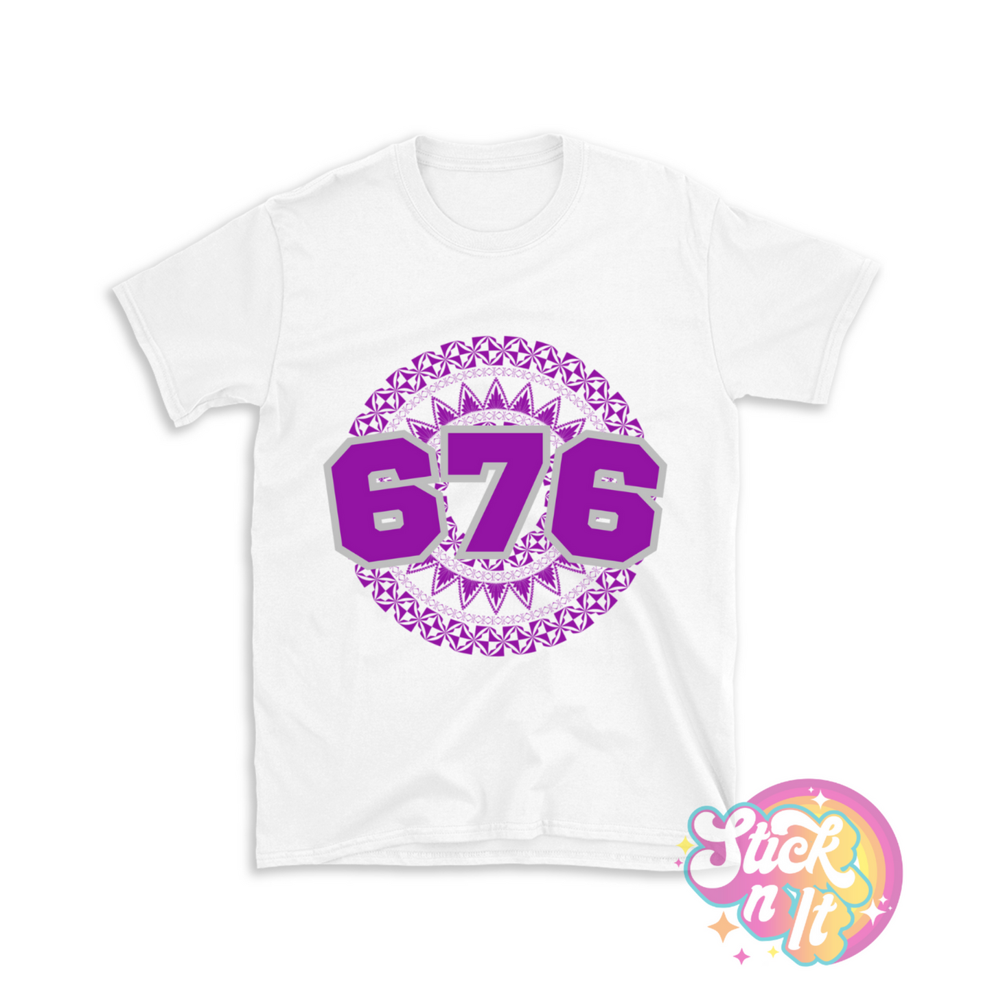 Unisex white shirt featuring a Polynesian Tonga design with area code 676 in purple