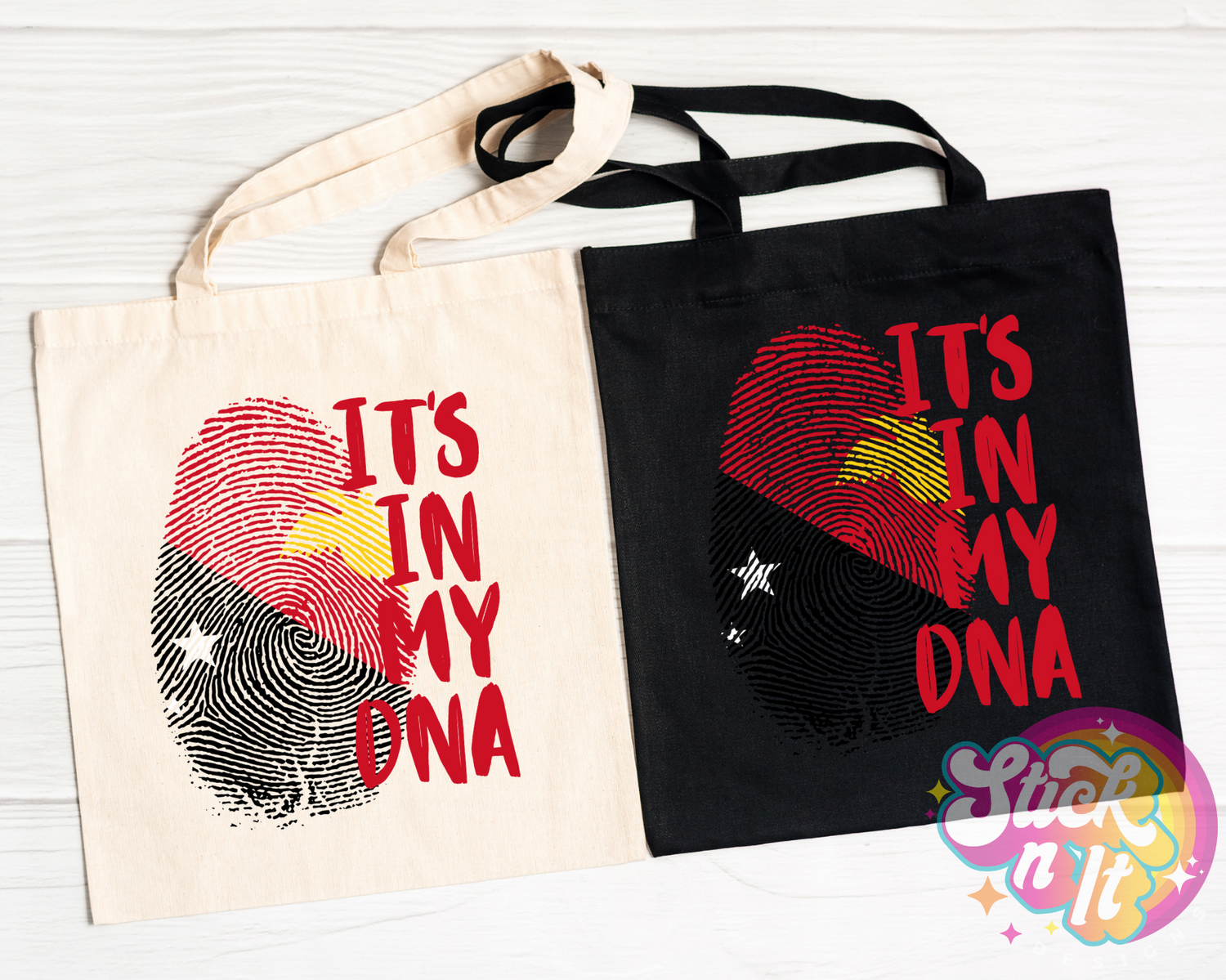 Tote bag featuring quote It's in my DNA with fingerprint shaped Papua New Guinea flag.