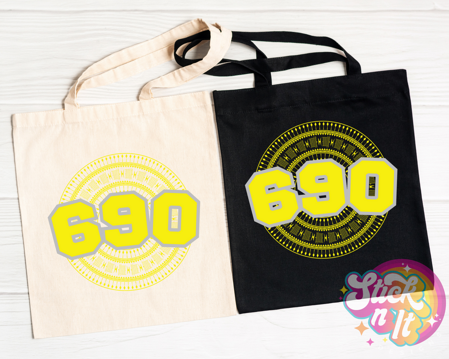 Tote bags featuring a Polynesian Tokelau design with area code 690 in yellow
