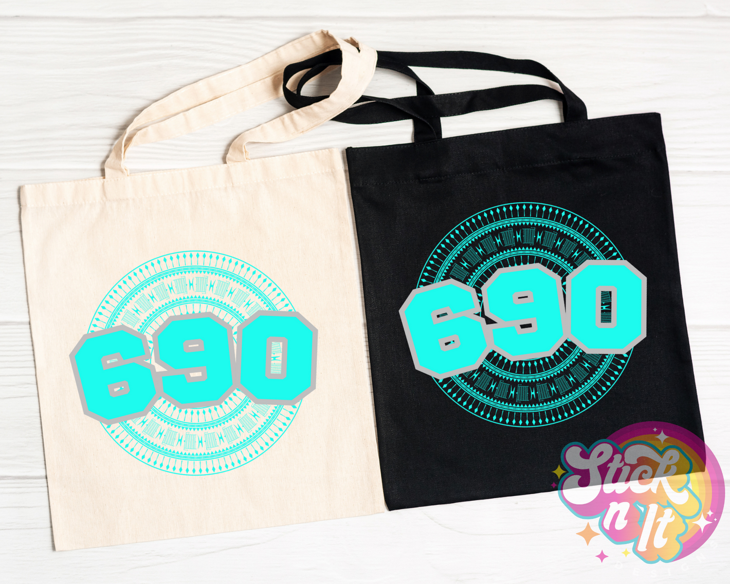 Tote bags featuring a Polynesian Tokelau design with area code 690 in aqua