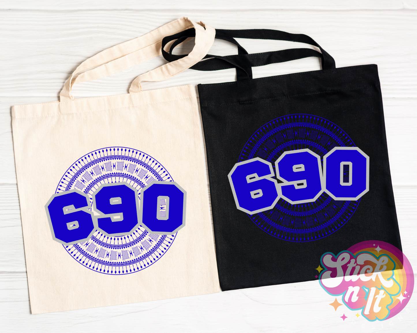 Tote bags featuring a Polynesian Tokelau design with area code 690 in blue