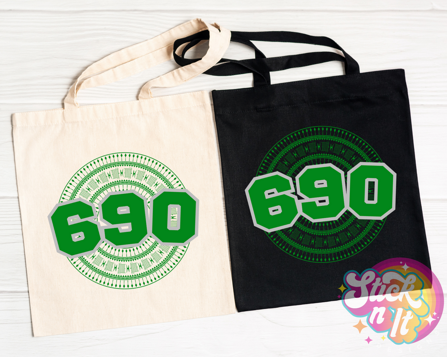 Tote bags featuring a Polynesian Tokelau design with area code 690 in green