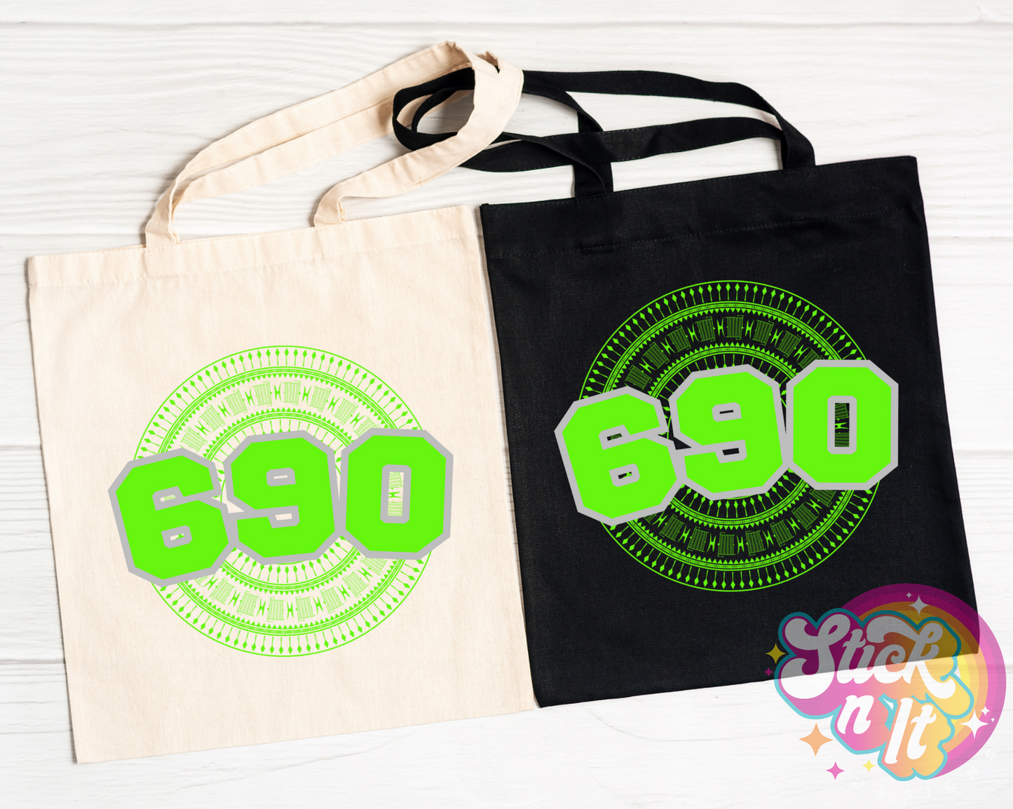Tote bags featuring a Polynesian Tokelau design with area code 690 in lime