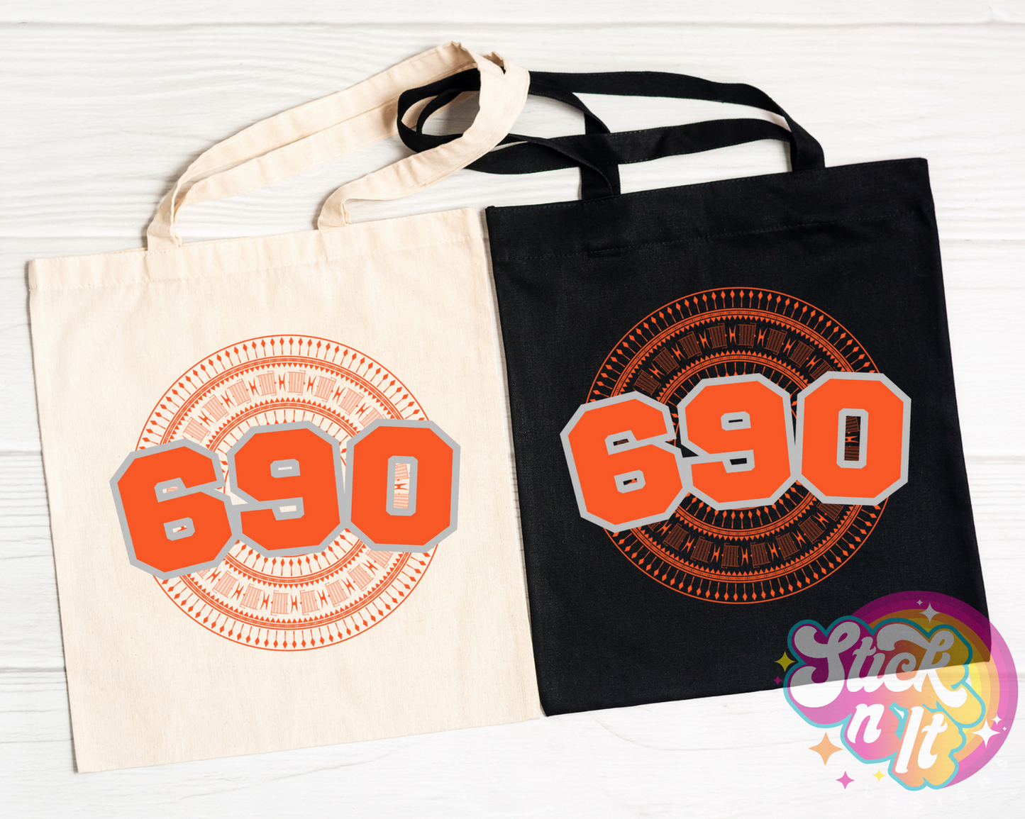 Tote bags featuring a Polynesian Tokelau design with area code 690 in orange