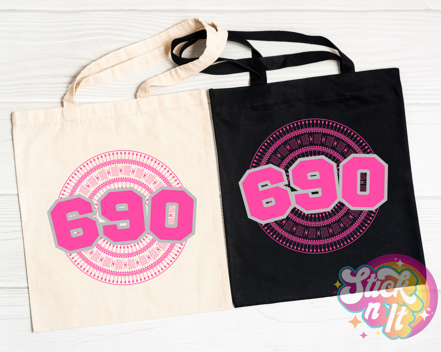 Tote bags featuring a Polynesian Tokelau design with area code 690 in pink
