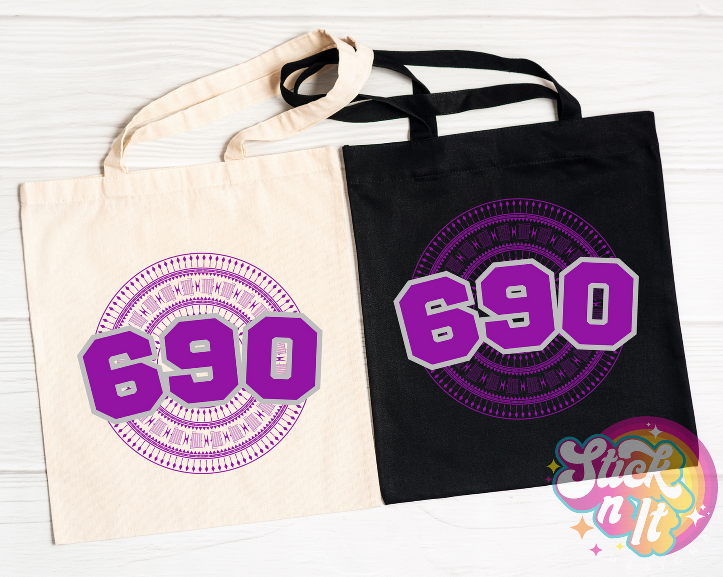 Tote bags featuring a Polynesian Tokelau design with area code 690 in purple
