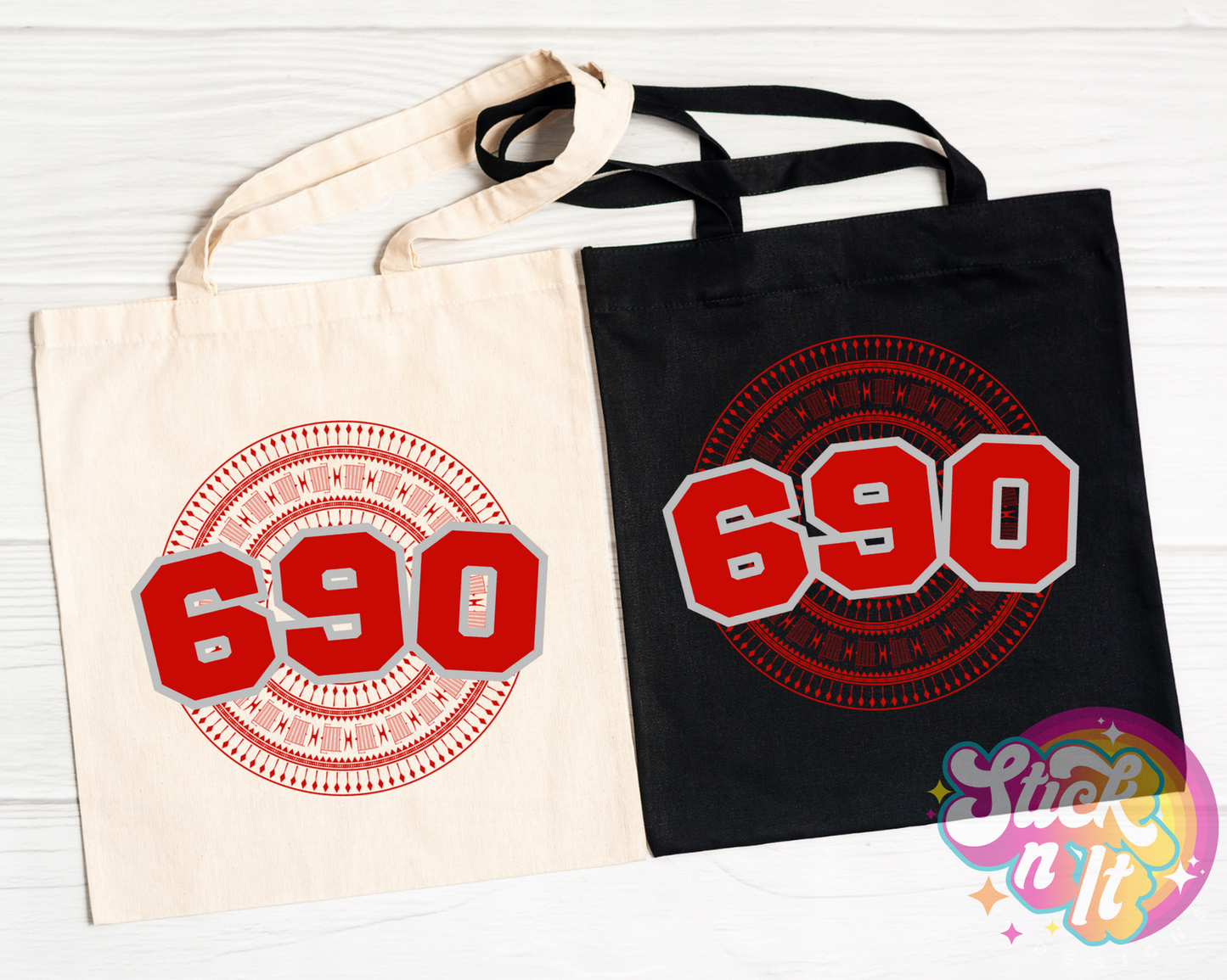 Tote bags featuring a Polynesian Tokelau design with area code 690 in red