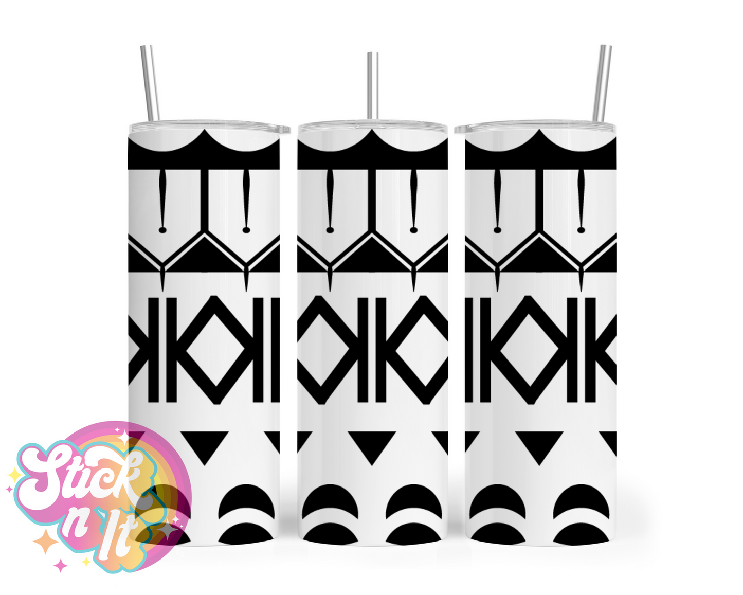 Stainless steel tumbler featuring Pacific Islands Cook Islands design in white and black