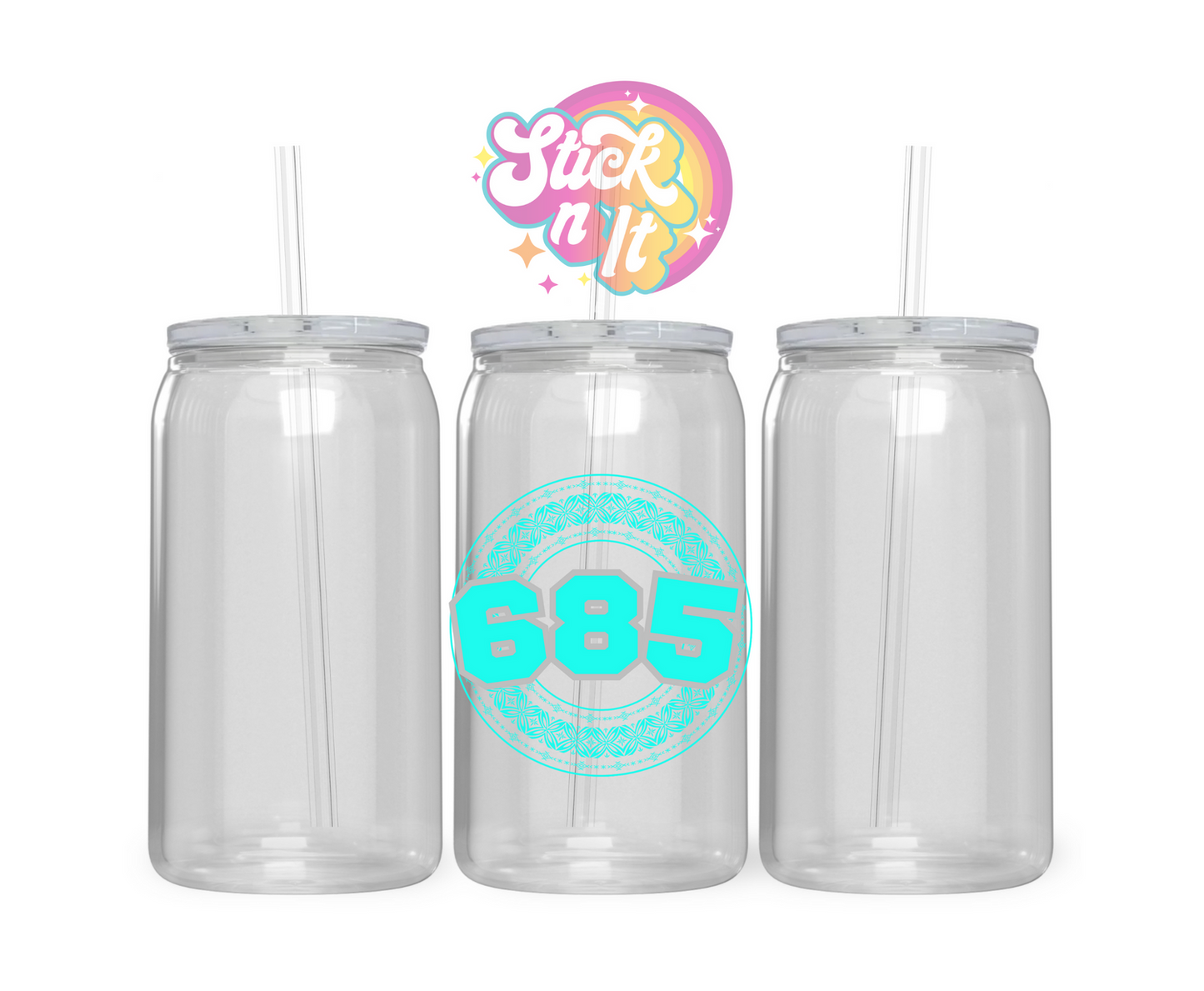 Acrylic cup featuring a Polynesian Samoa design with area code 685 in aqua.