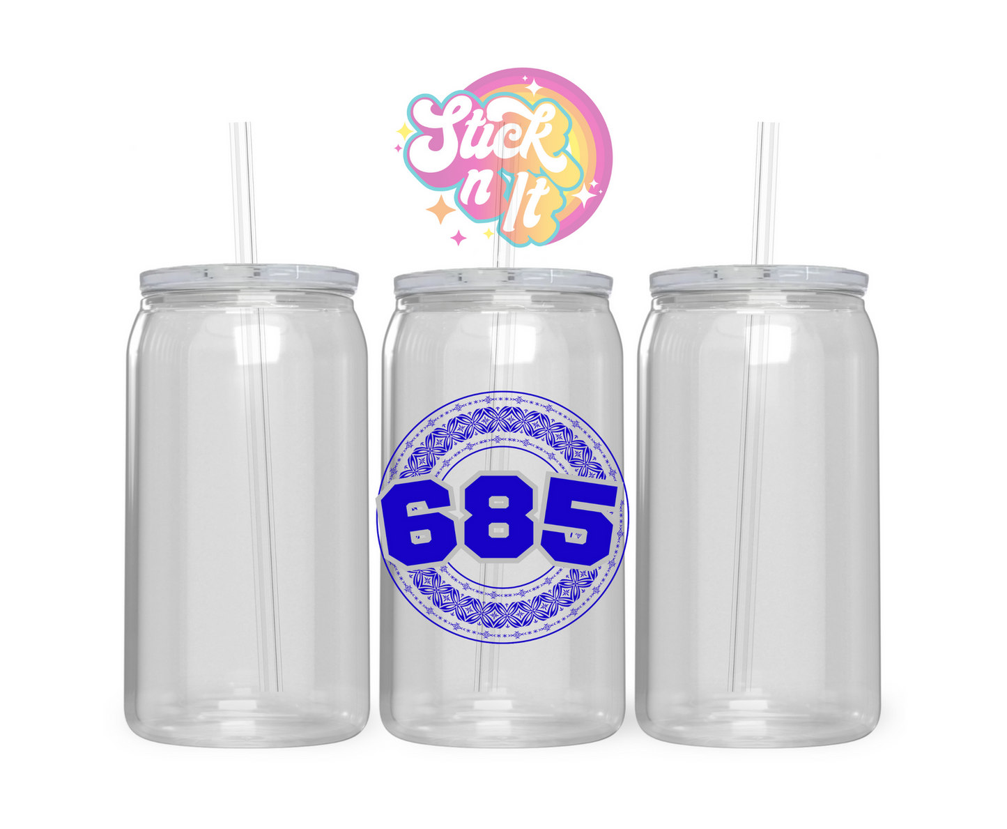 Acrylic cup featuring a Polynesian Samoa design with area code 685 in blue.