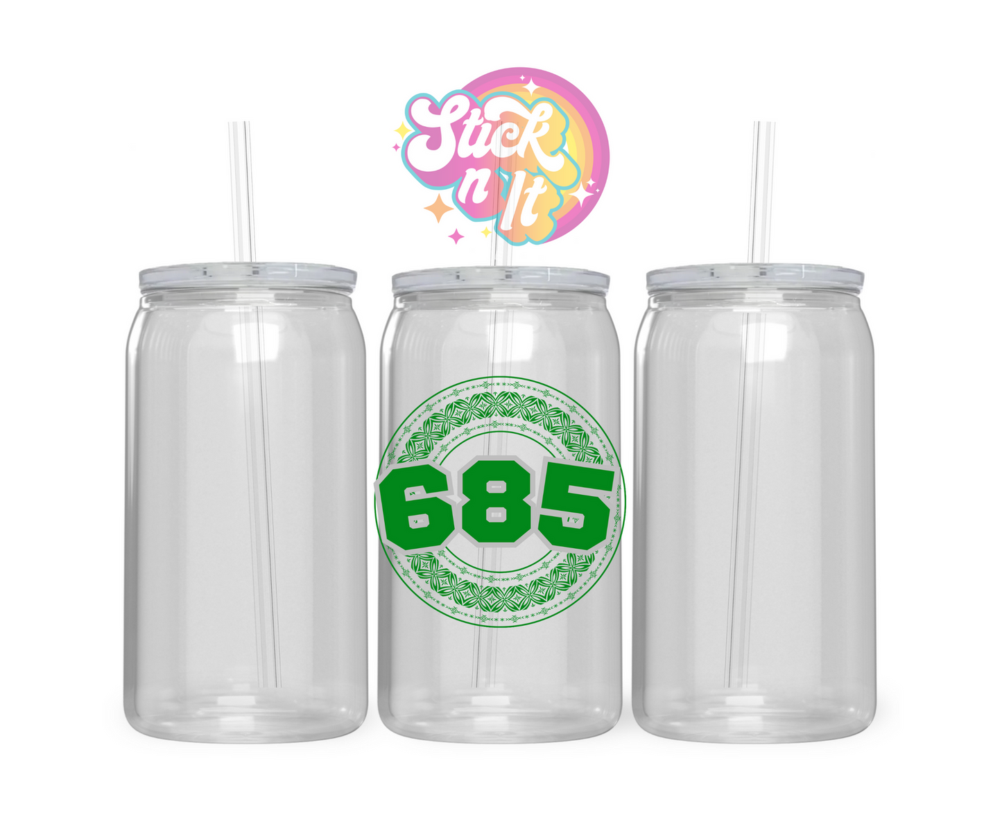 Acrylic cup featuring a Polynesian Samoa design with area code 685 in green.