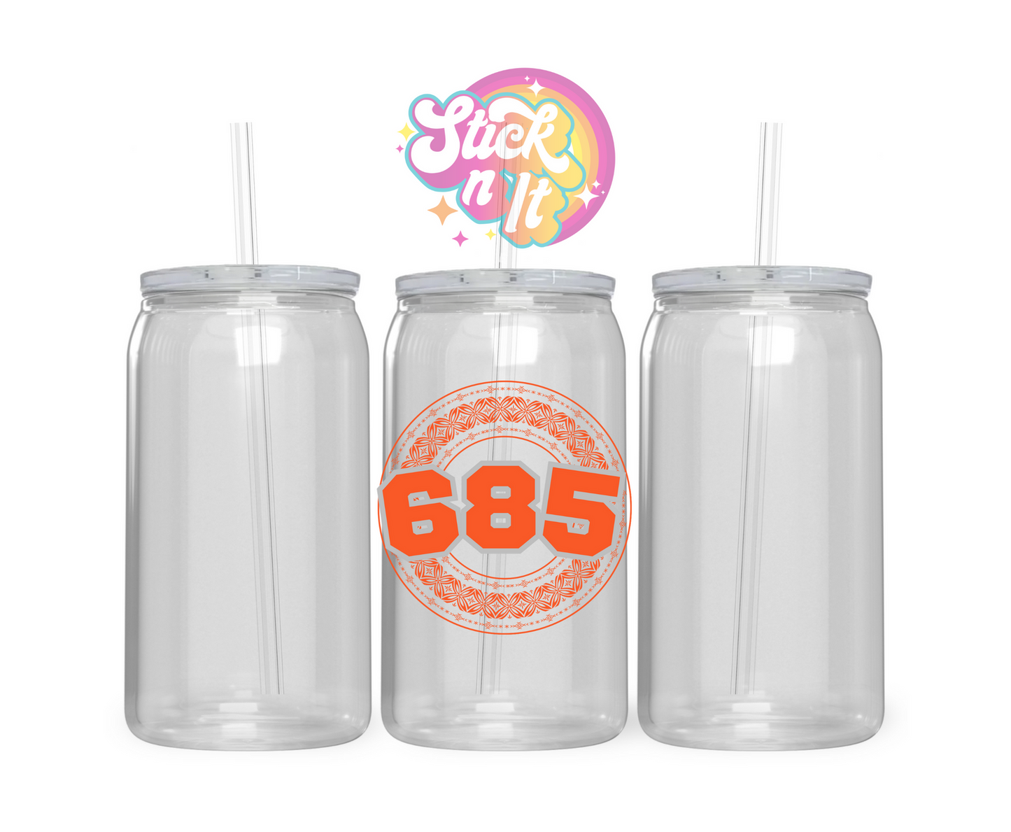 Acrylic cup featuring a Polynesian Samoa design with area code 685 in orange.