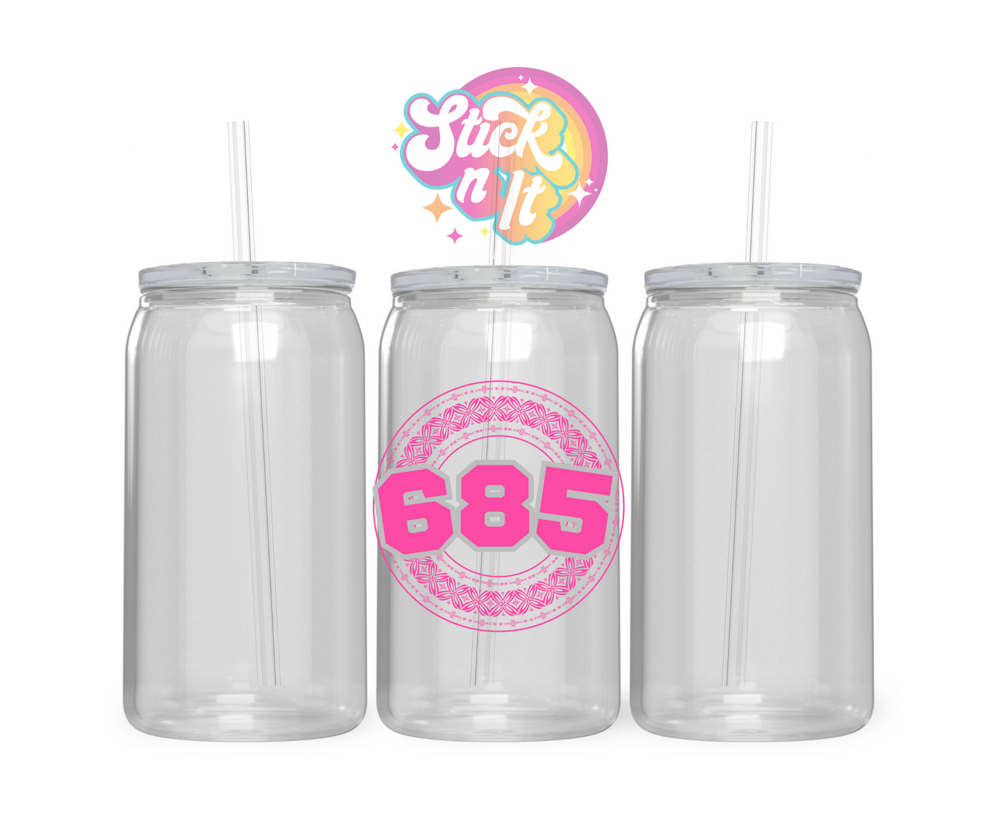 Acrylic cup featuring a Polynesian Samoa design with area code 685 in pink.