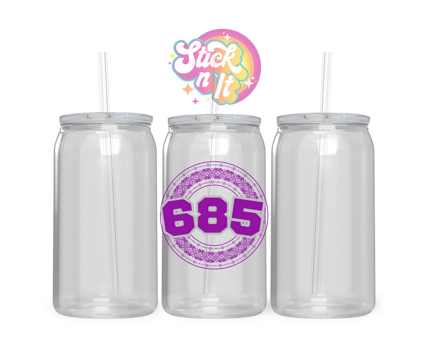 Acrylic cup featuring a Polynesian Samoa design with area code 685 in purple.
