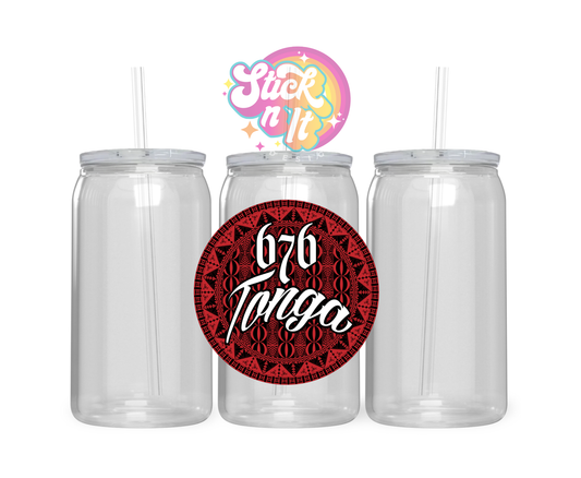 Acrylic cup featuring round red Tonga design and area code 676