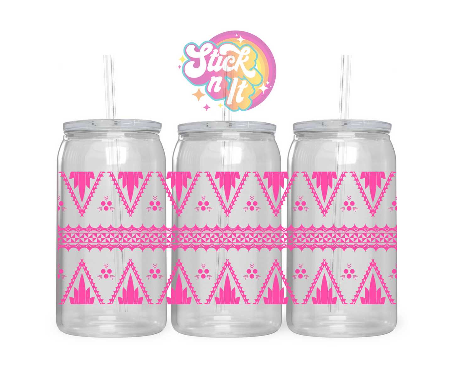Acrylic cup featuring a Pacific Islands Tongan design wrap in pink