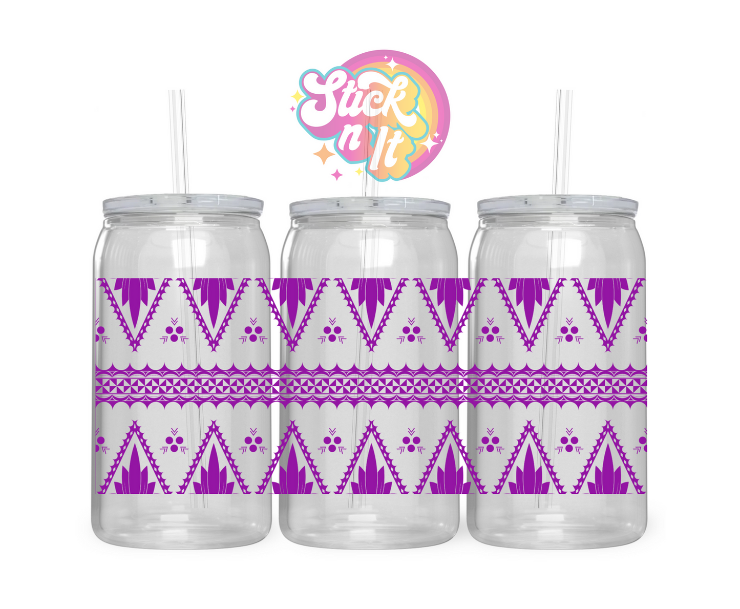 Acrylic cup featuring a Pacific Islands Tongan design wrap in purple
