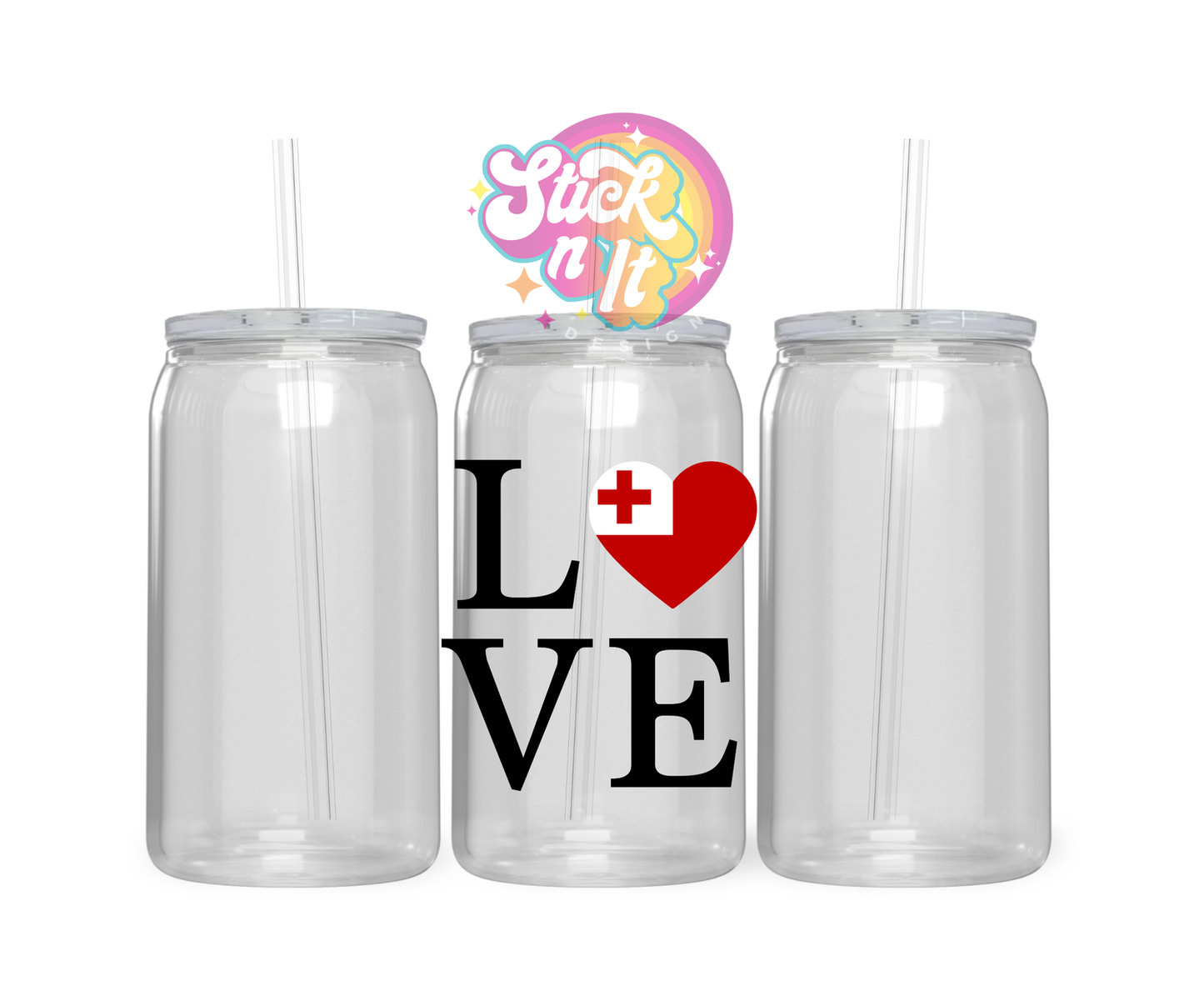 Acrylic cup featuring love and heart shaped Tonga flag