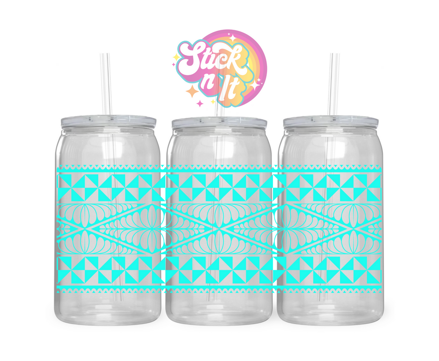 Acrylic cup featuring a Polynesian Tongan design wrap in aqua