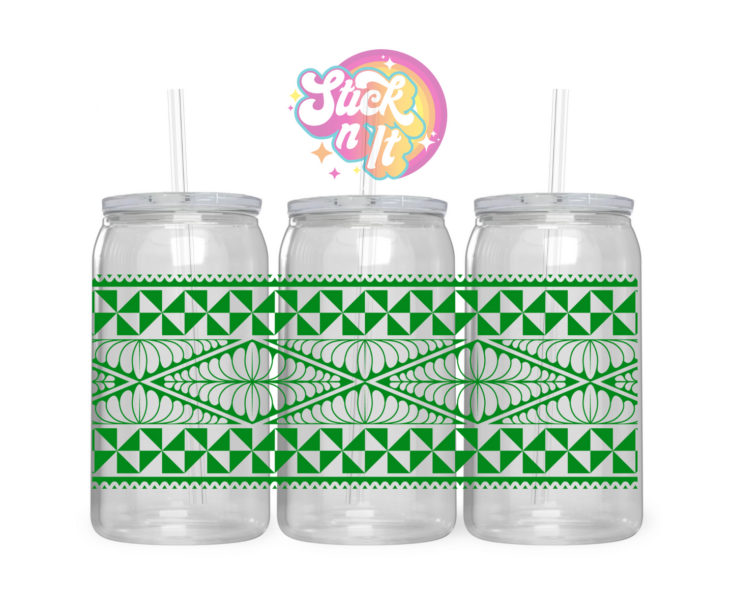 Acrylic cup featuring a Polynesian Tongan design wrap in green