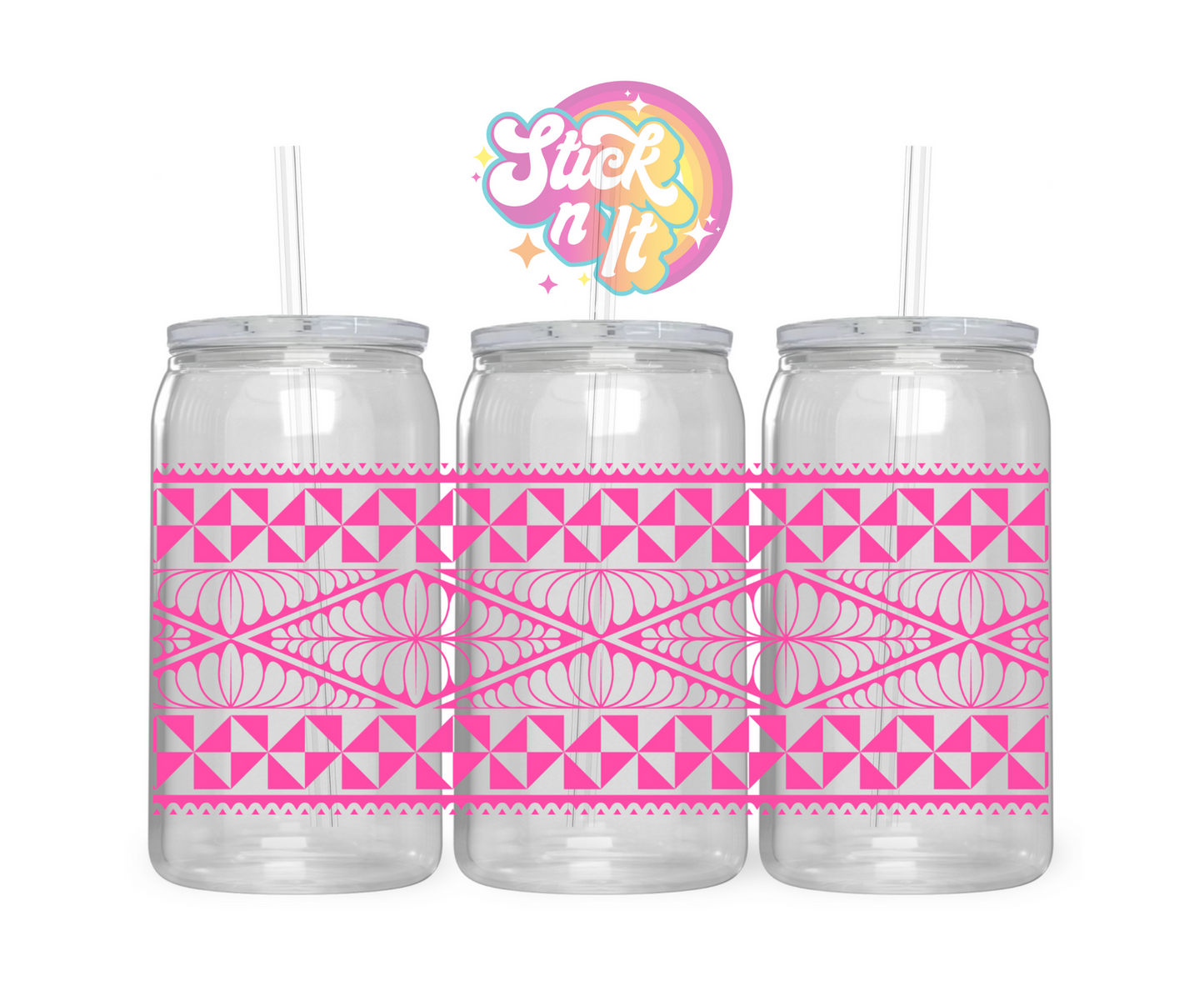 Acrylic cup featuring a Polynesian Tongan design wrap in pink