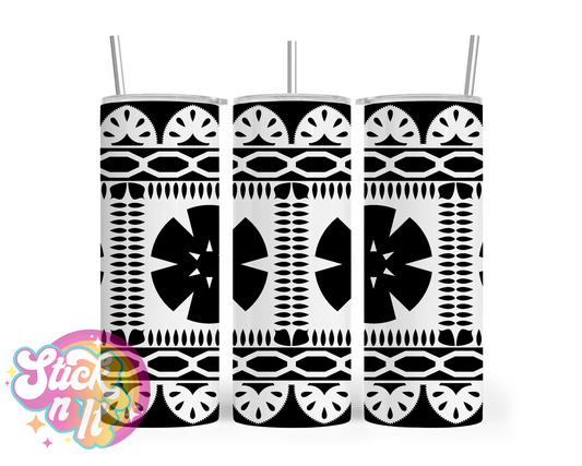 Stainless steel tumbler featuring Fijian Polynesian design in white and black