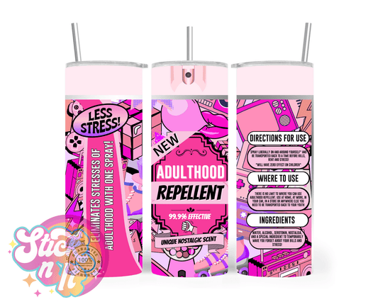 Aerosol can style stainless steel insulated tumbler featuring quote Adulthood Repellent