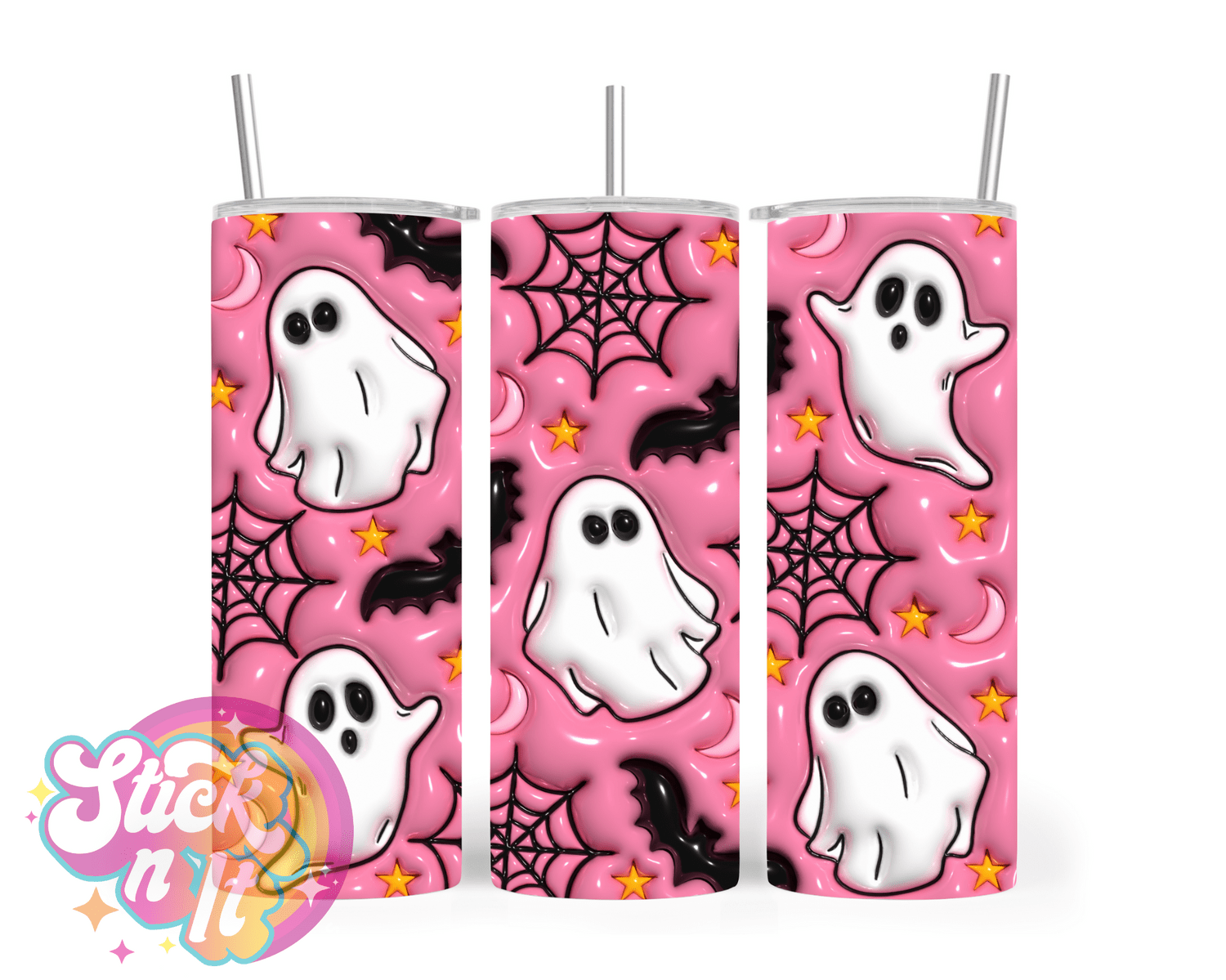 Stainless steel insulated tumbler with cute pink and white ghosts