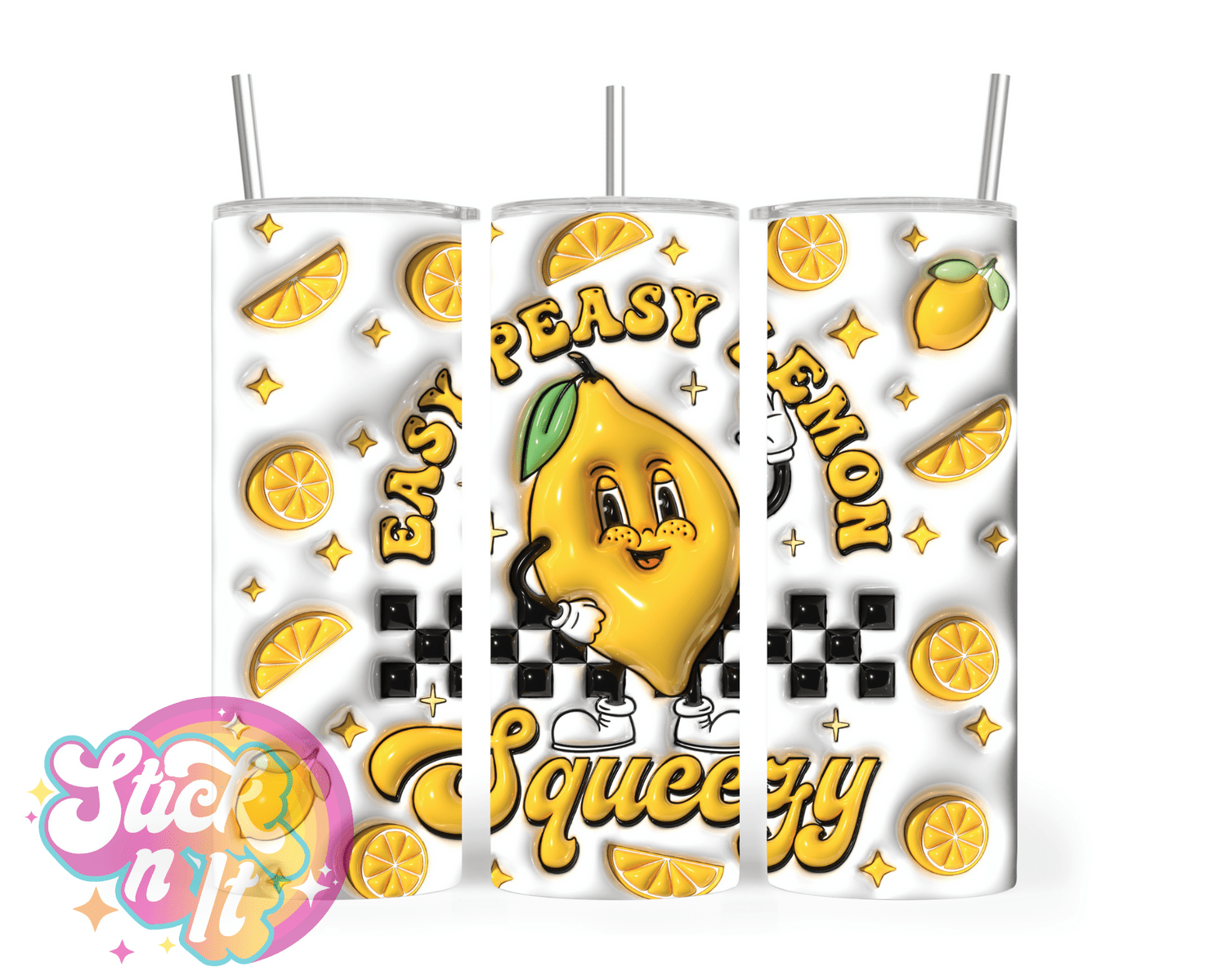 Stainless steel insulated tumbler featuring quote Easy peasy lemon squeezy