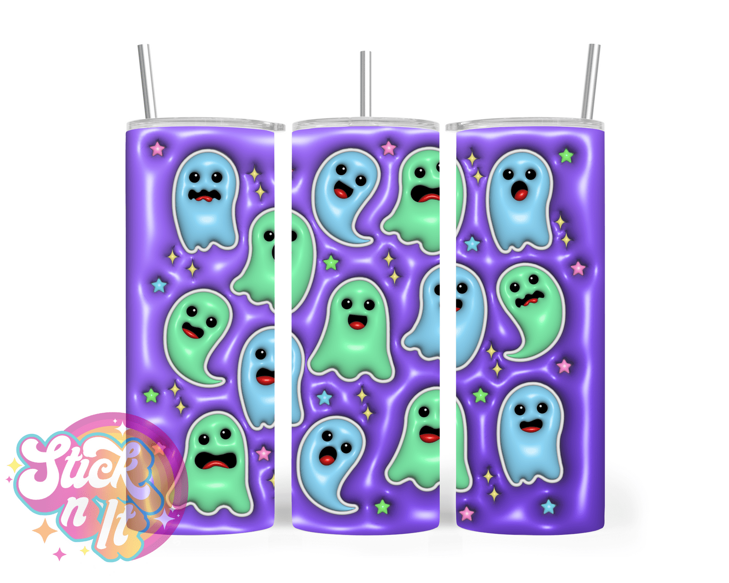 Stainless steel insulated tumbler featuring cute ghosts