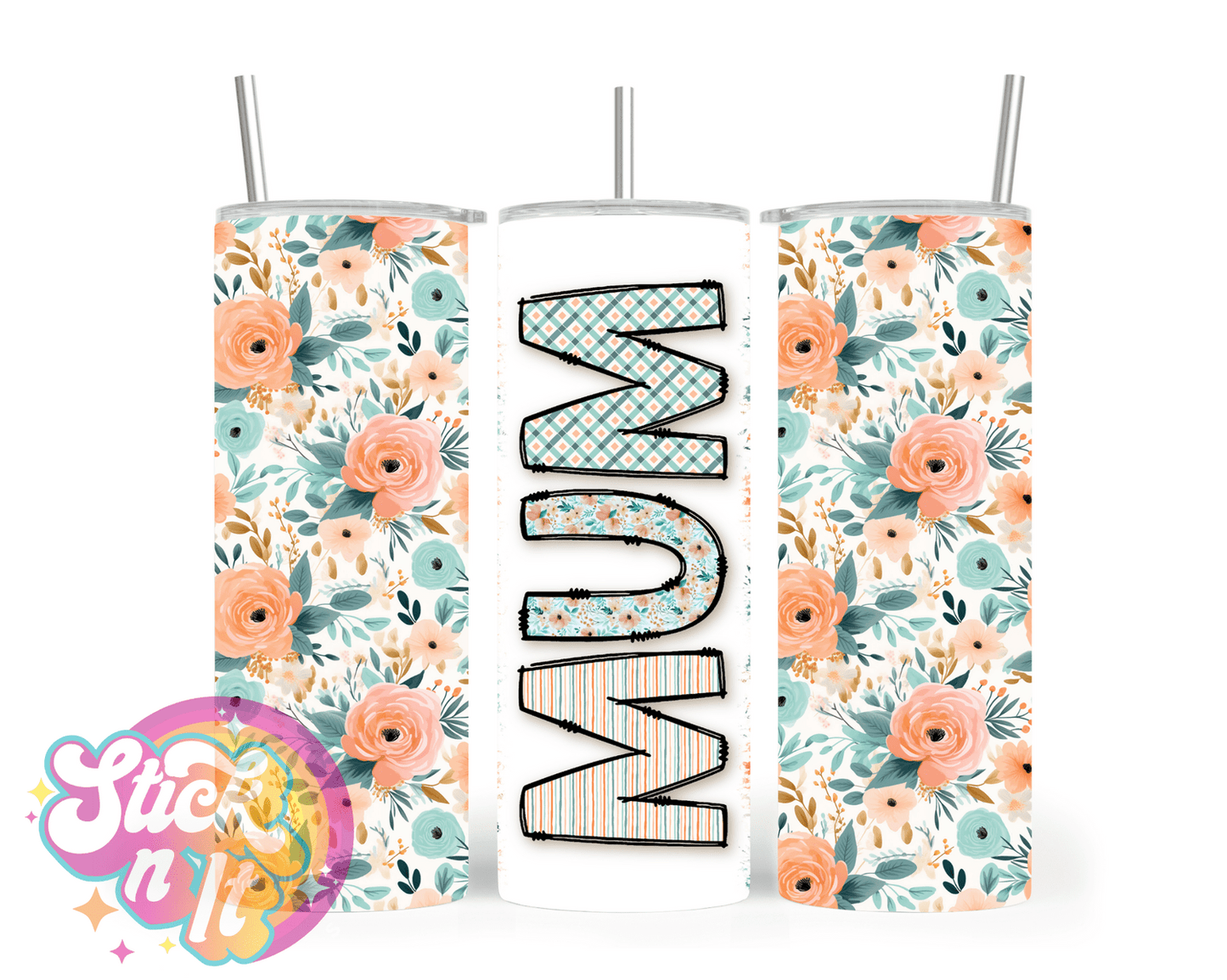 Stainless steel insulated tumbler for mum with flowers in apricot