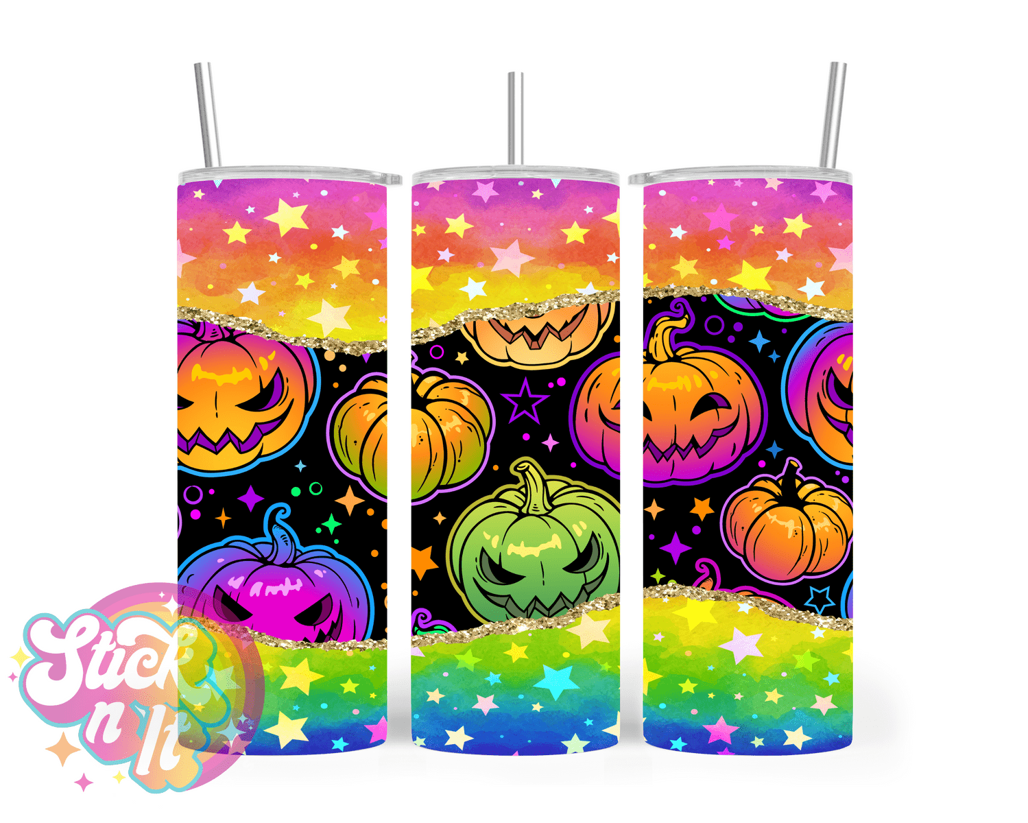 Stainless steel insulated tumbler featuring colourful pumpkins