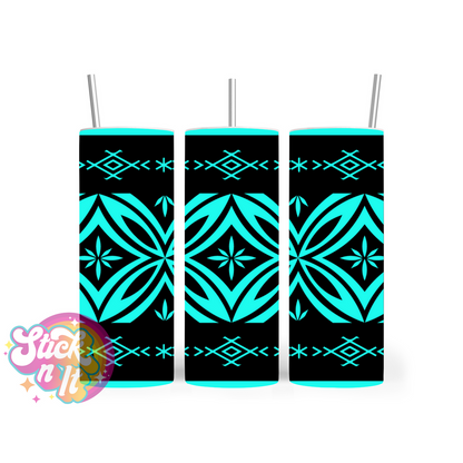 Insulated stainless steel tumbler featuring a Polynesian Tongan design in aqua