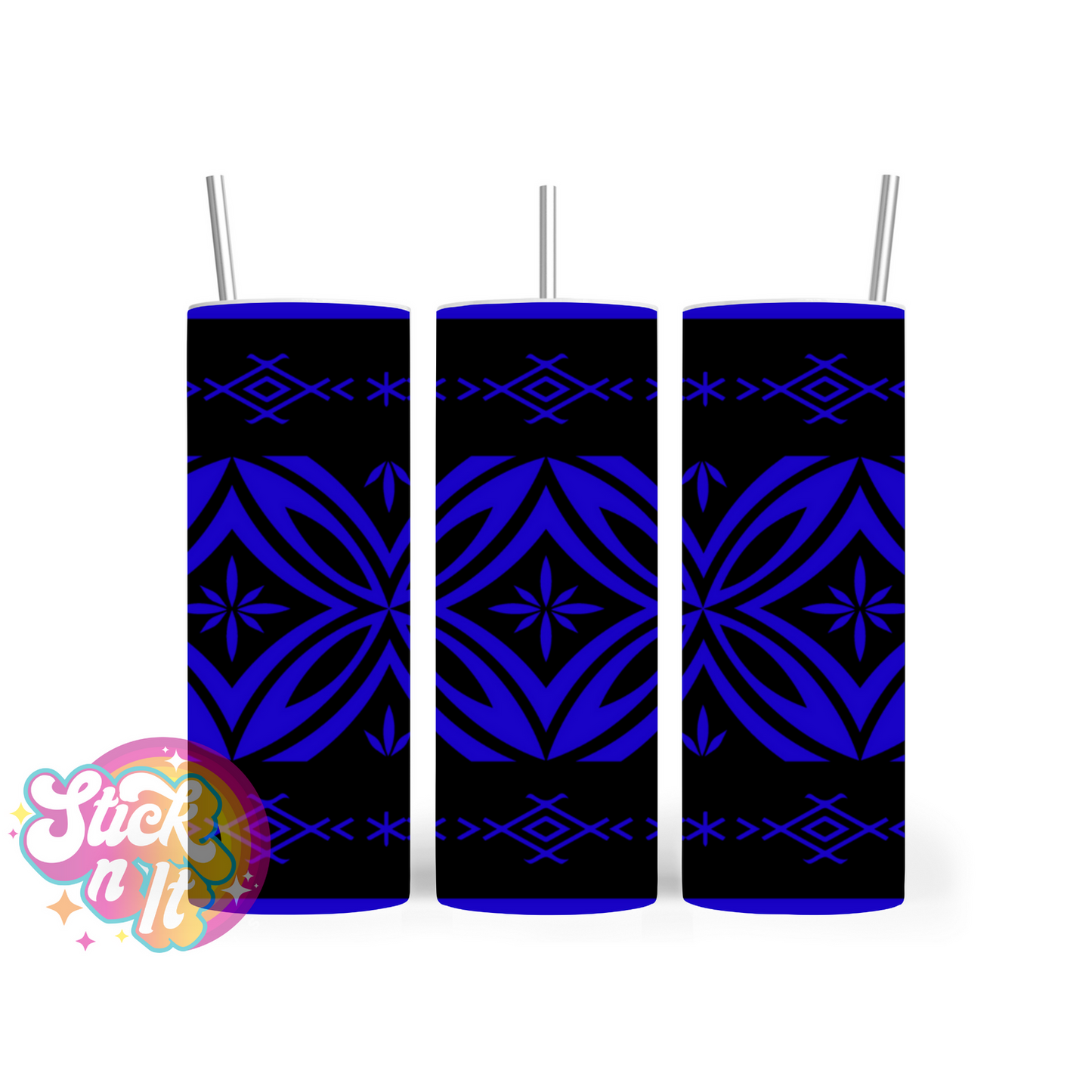 Insulated stainless steel tumbler featuring a Polynesian Tongan design in blue