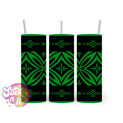Insulated stainless steel tumbler featuring a Polynesian Tongan design in green