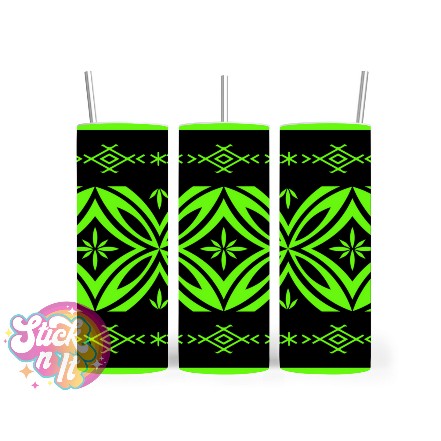 Insulated stainless steel tumbler featuring a Polynesian Tongan design in lime