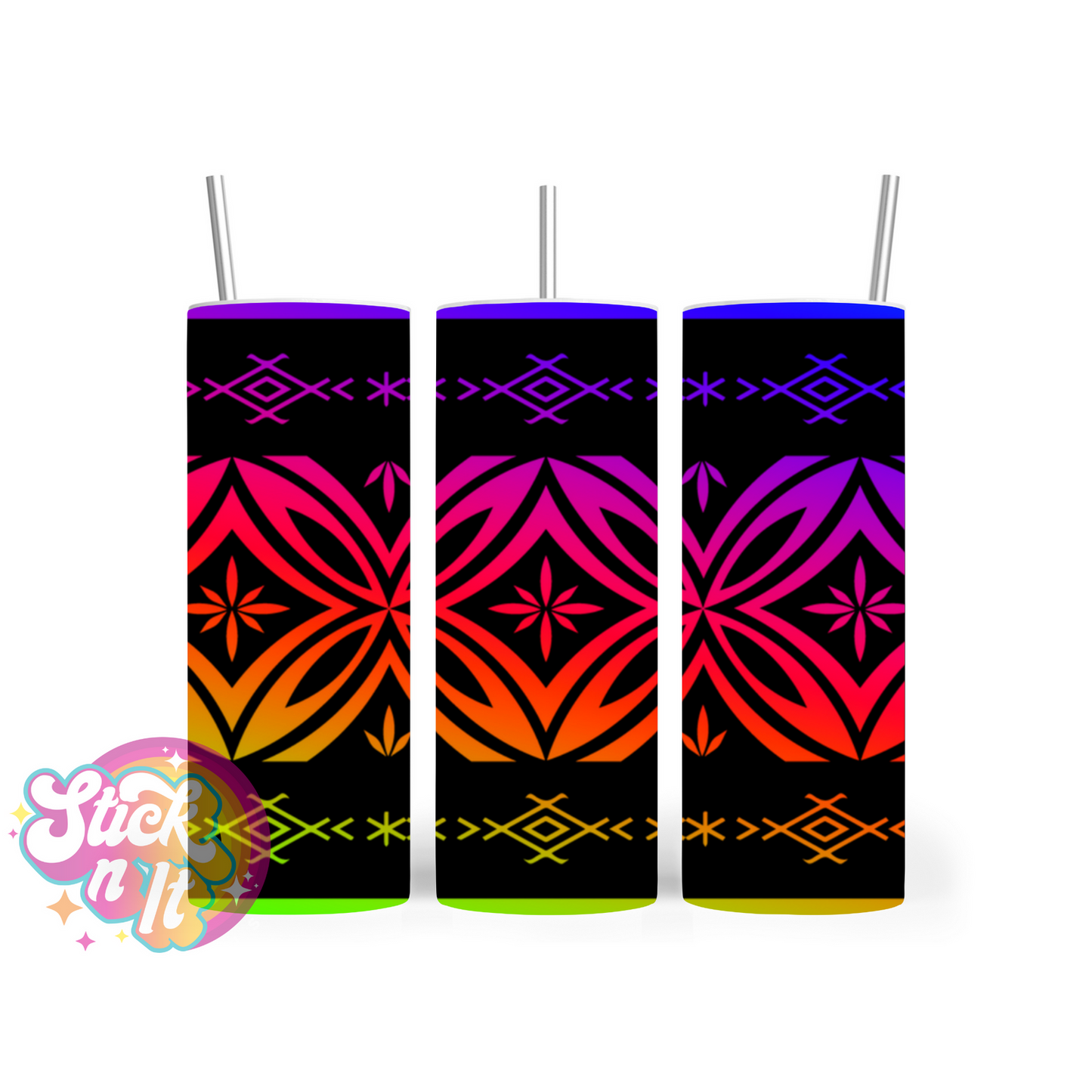 Insulated stainless steel tumbler featuring a Polynesian Tongan design in neon