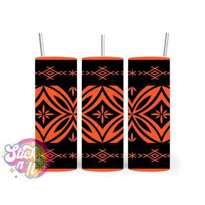 Insulated stainless steel tumbler featuring a Polynesian Tongan design in orange
