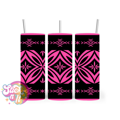 Insulated stainless steel tumbler featuring a Polynesian Tongan design in pink