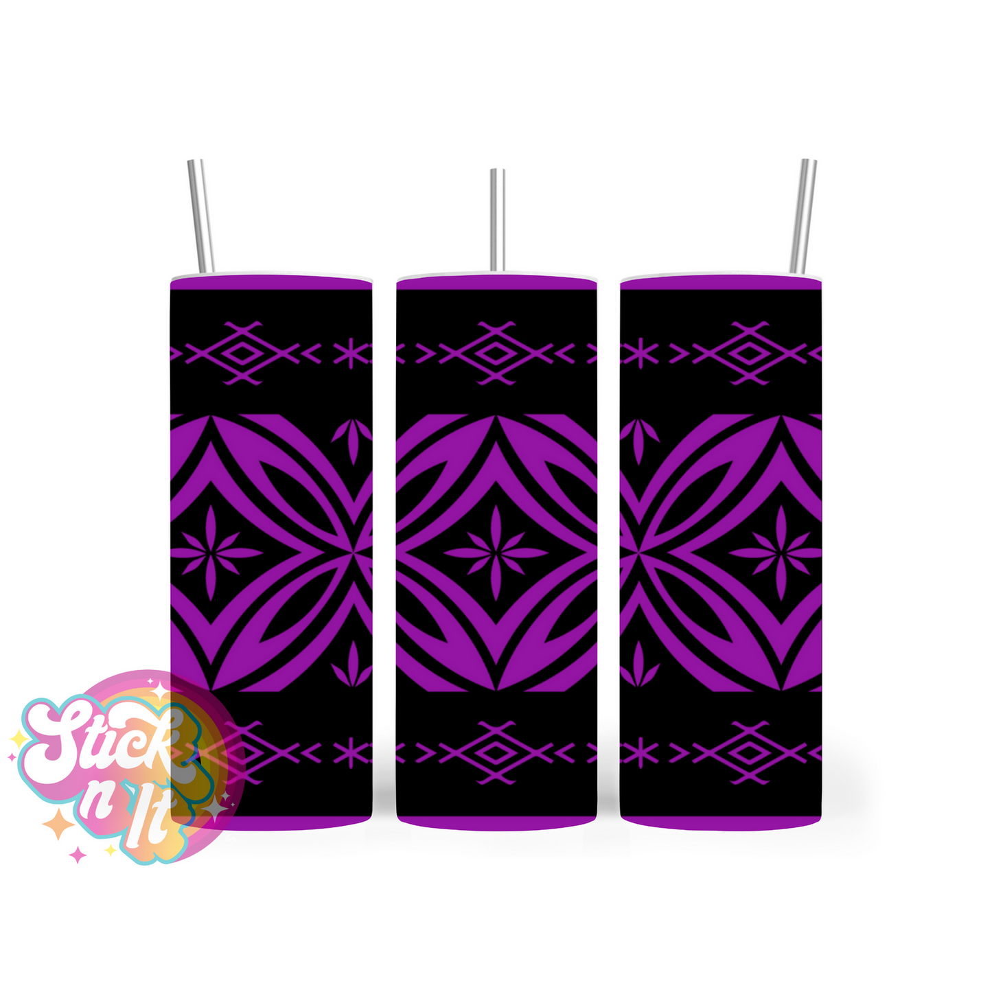 Insulated stainless steel tumbler featuring a Polynesian Tongan design in purple