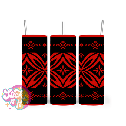 Insulated stainless steel tumbler featuring a Polynesian Tongan design in red