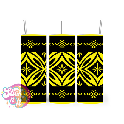 Insulated stainless steel tumbler featuring a Polynesian Tongan design in yellow