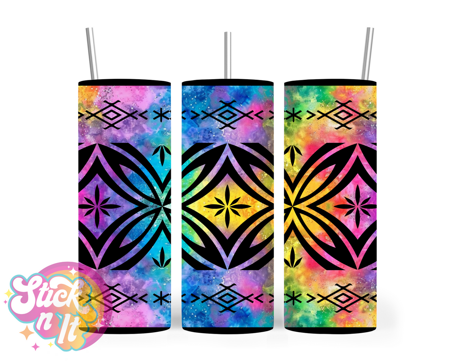 Insulated stainless steel tumbler featuring a Polynesian Tongan design in watercolour