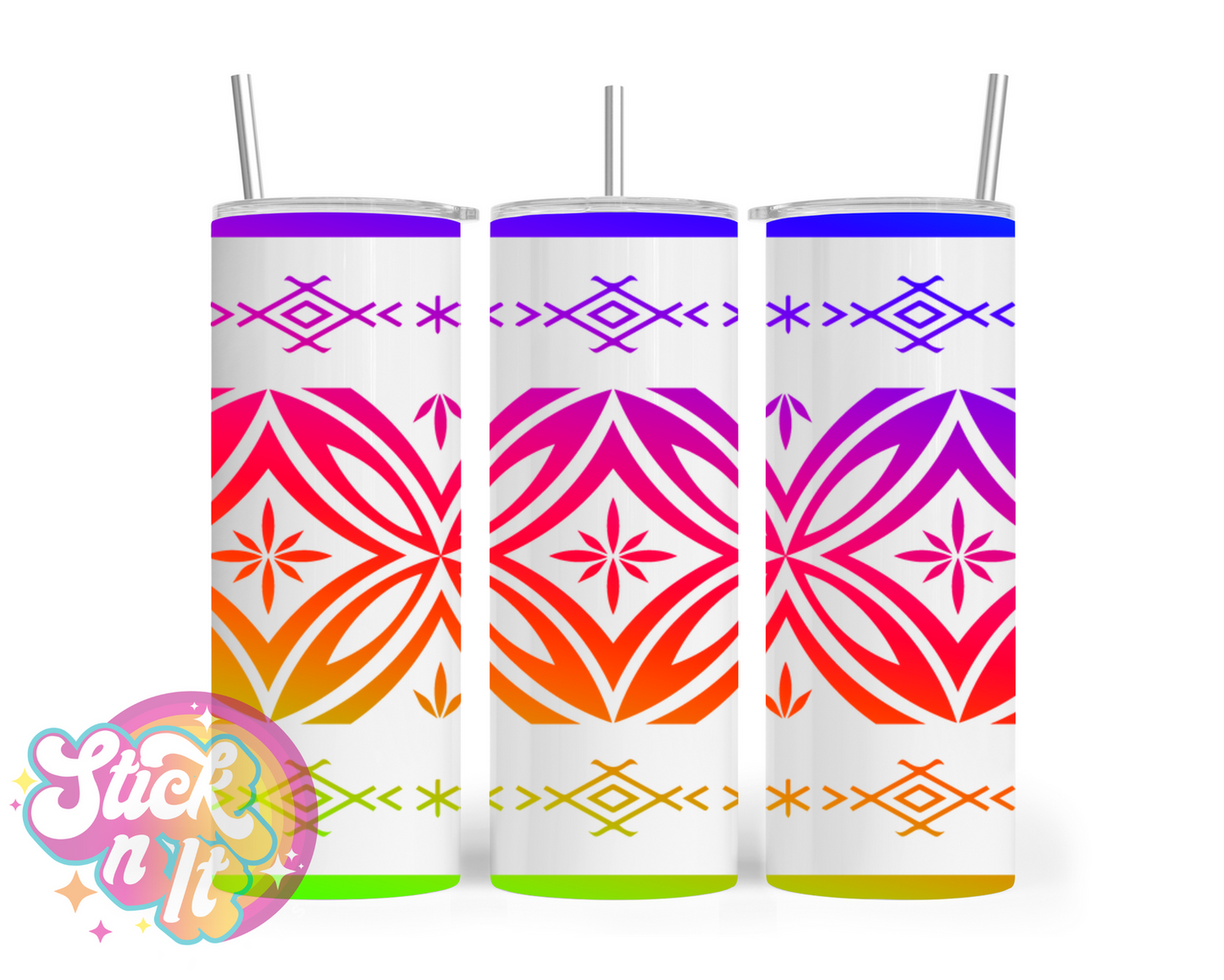 Insulated stainless steel tumbler featuring a Polynesian Tongan design in neon and white