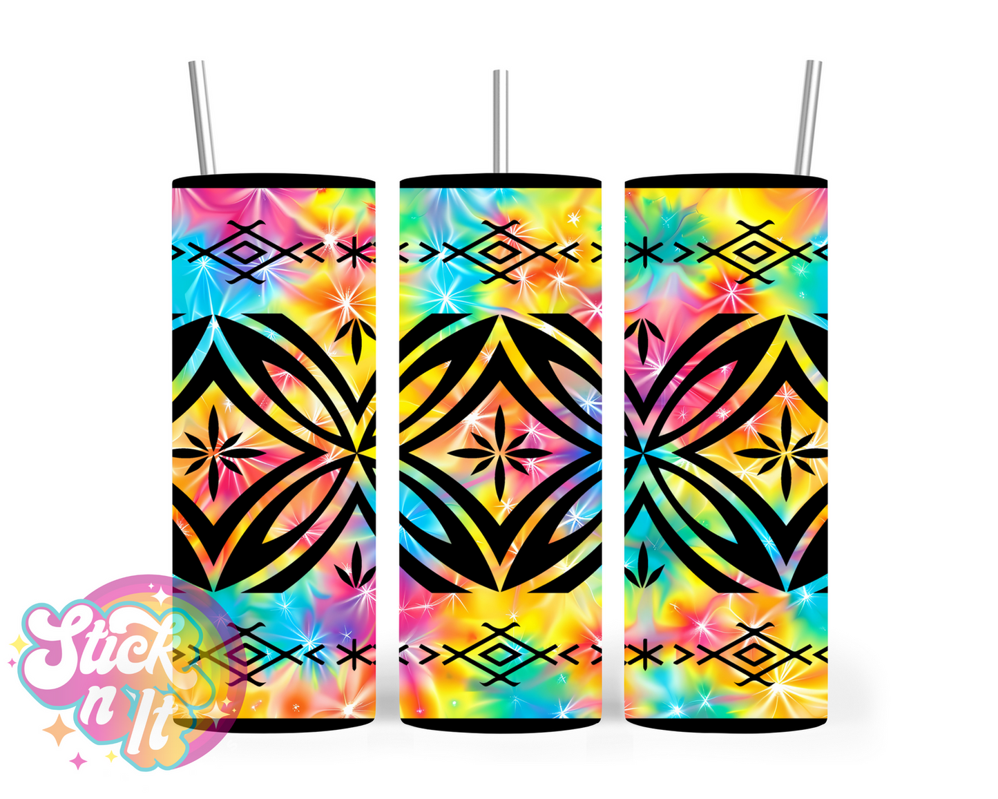 Insulated stainless steel tumbler featuring a Polynesian Tongan design in tie dye